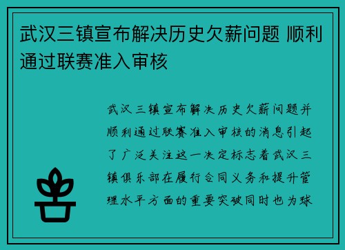 武汉三镇宣布解决历史欠薪问题 顺利通过联赛准入审核 武汉三镇宣布解决历史欠薪问题 顺利通过联赛准入审核