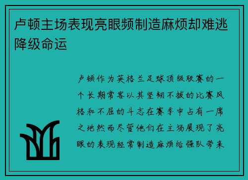 卢顿主场表现亮眼频制造麻烦却难逃降级命运 卢顿主场表现亮眼频制造麻烦却难逃降级命运